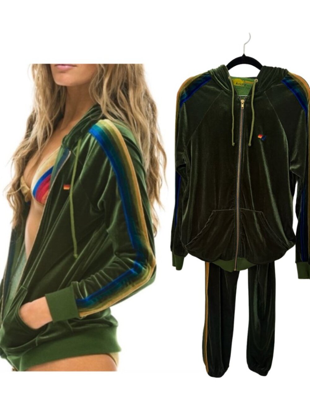 Aviator Nation | Green Velvet 5 Stripe Set